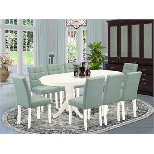 Pemberly Row 9-Piece Dining Table Set with Faux Leather Chairs in Linen White