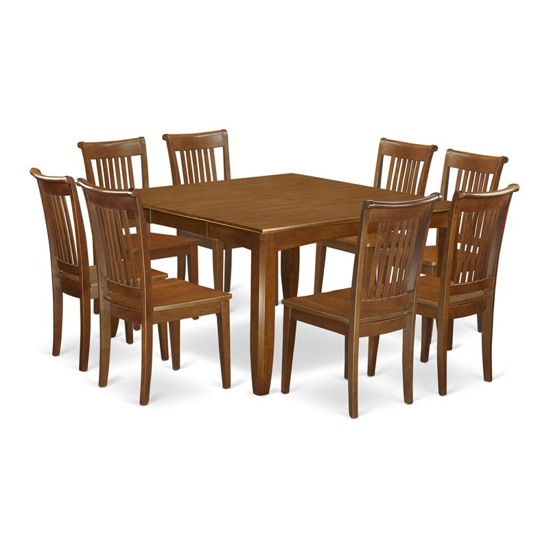 Pemberly Row 9-Piece Dining Set with Saddle Brown Finish and Wood Chairs