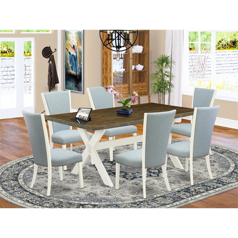 Pemberly Row 7-Piece Dining Set with X-Style Table and Linen Chairs