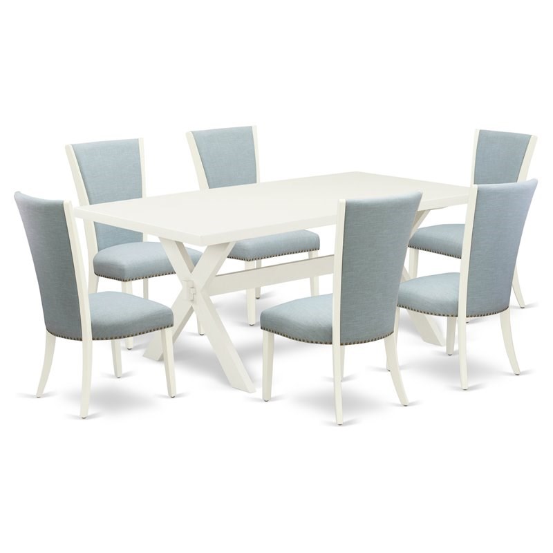 Pemberly Row X-Style 7-Piece Wood Dining Set with Fabric Seats in White