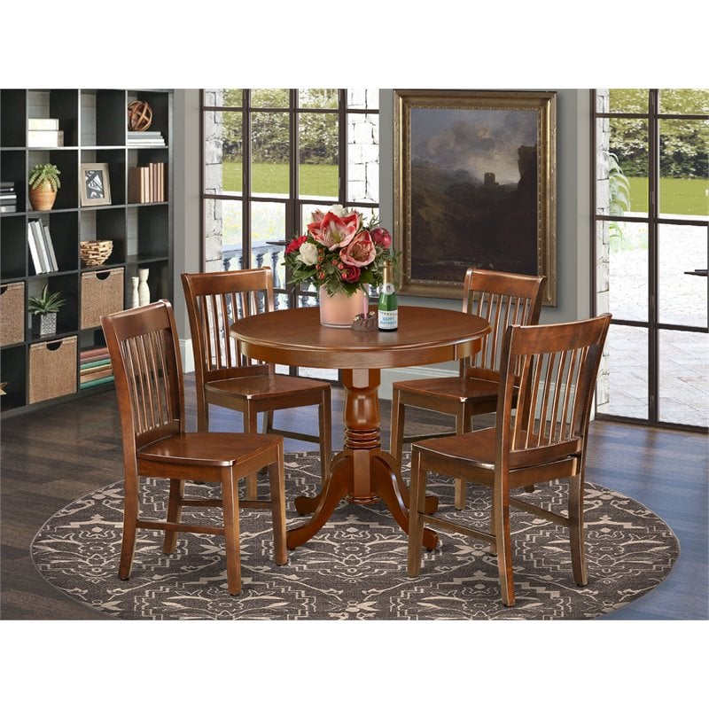 Pemberly Row Mahogany 5-Piece Round Table Dining Set with Wooden Chairs