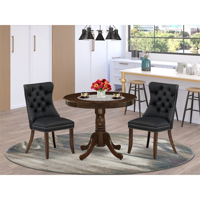 Pemberly Row 3-Piece Walnut Wood Kitchen Dining Set with Gray Faux Leather