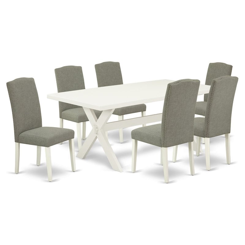 Pemberly Row 7-Piece X-Leg Dining Set Wood and Linen Upholstery in Mahogany