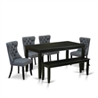 Pemberly Row 6-Piece Kitchen Table Set with Dining Bench in Black/Platinum Gray