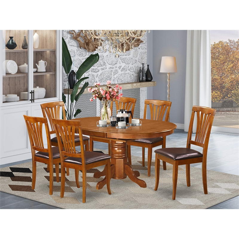 Pemberly Row 7-Piece Dining Set with Faux Leather Seats in Saddle Brown