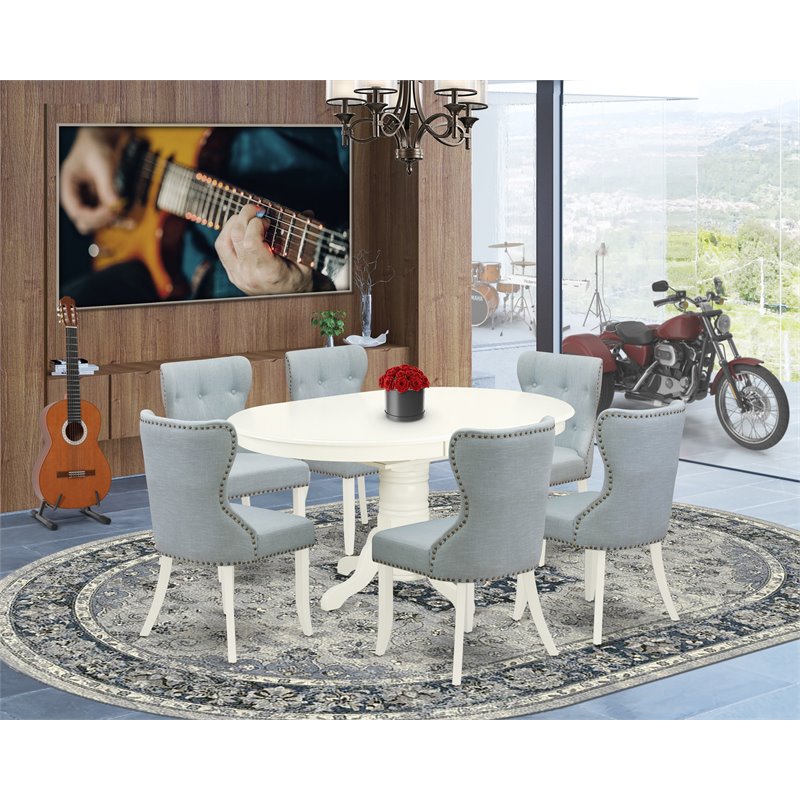 Pemberly Row 7-Piece Dining Set with Baby Blue and Linen White Finish