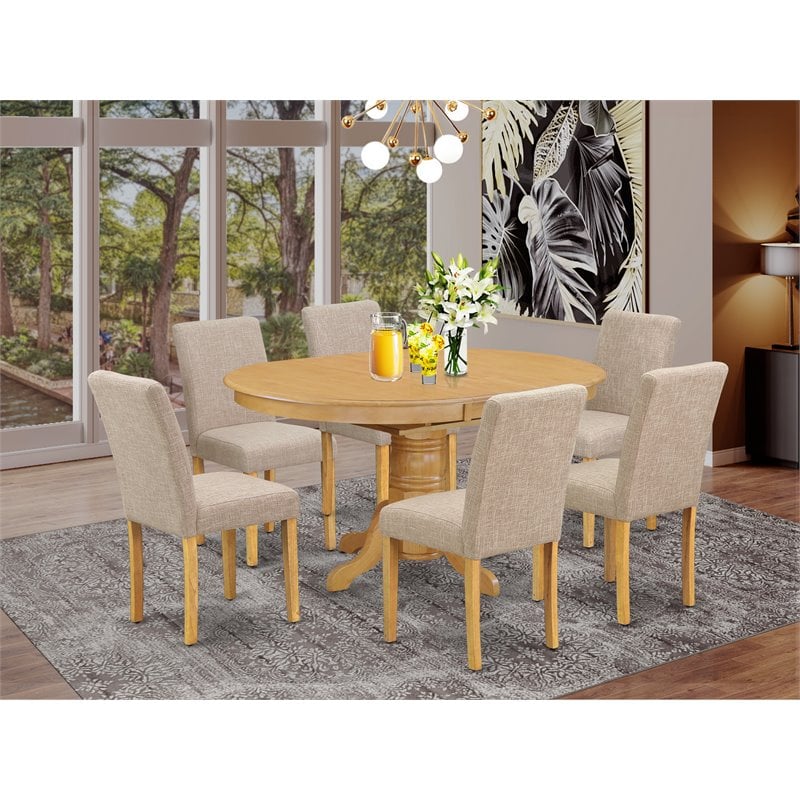 Pemberly Row 7-Piece Wood Dining Set with Parsons Chairs in Oak/Light Fawn