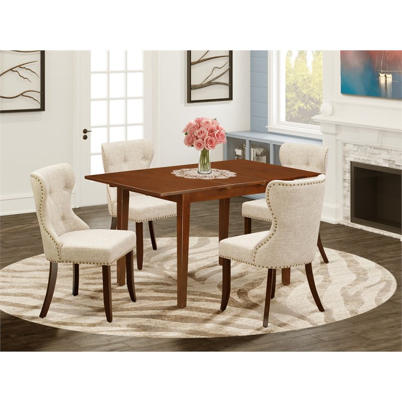 Pemberly Row 5-Piece Wood Dining Set with Mahogany Finish and Upholstered Chairs