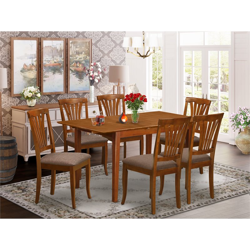 Pemberly Row 7pc Saddle Brown Dining Set w/ Linen Seat in Asian Wood