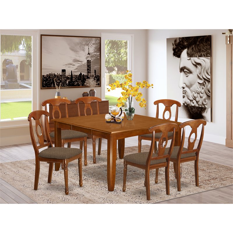 Pemberly Row 7-Piece Wood Dining Set with Fabric Chairs in Saddle Brown