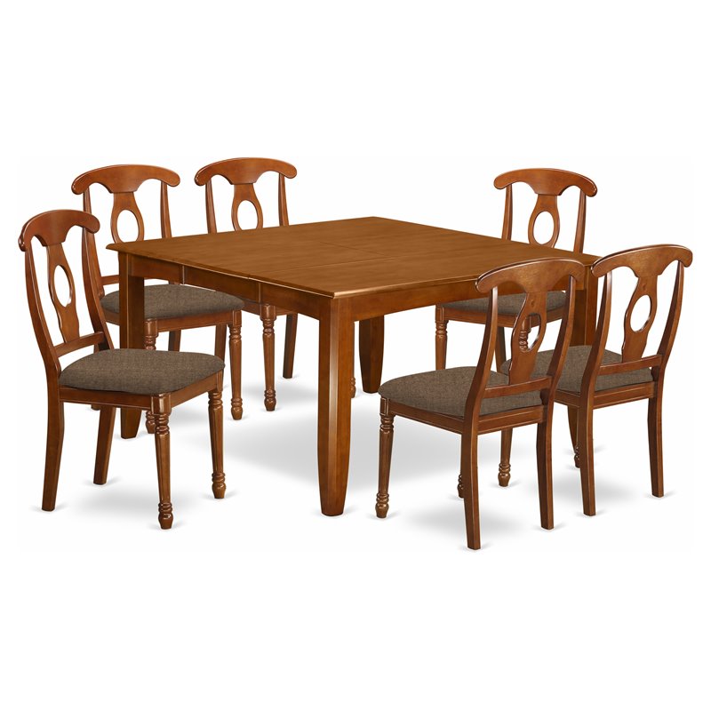 Pemberly Row 7-Piece Wood Dining Set with Fabric Chairs in Saddle Brown