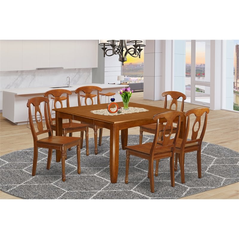 Pemberly Row 7-Piece Wood Dining Set in Saddle Brown Finish with Extension