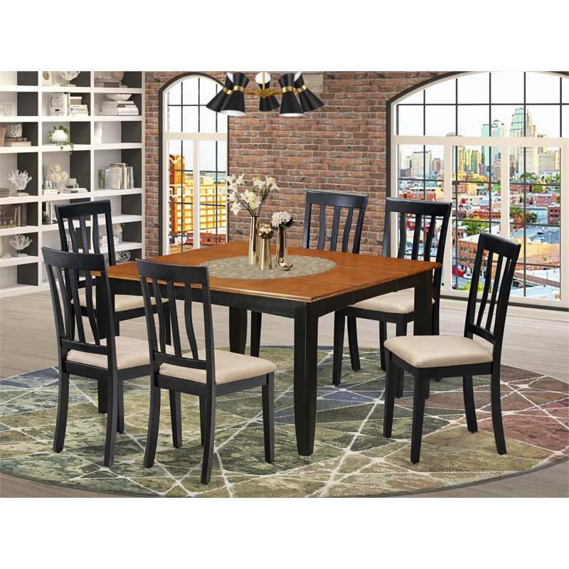 Pemberly Row 7-Piece Wood Dining Set with Linen Seats in Black/Cherry