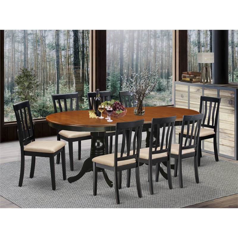 Pemberly Row 9-Piece Wood Dining Set with Linen Seats in Black Finish