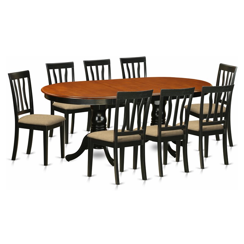 Pemberly Row 9-Piece Wood Dining Set with Linen Seats in Black Finish