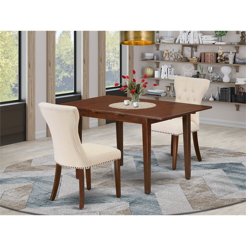 Pemberly Row 3-Piece Dining Set with Mahogany Finish and Fabric Seats