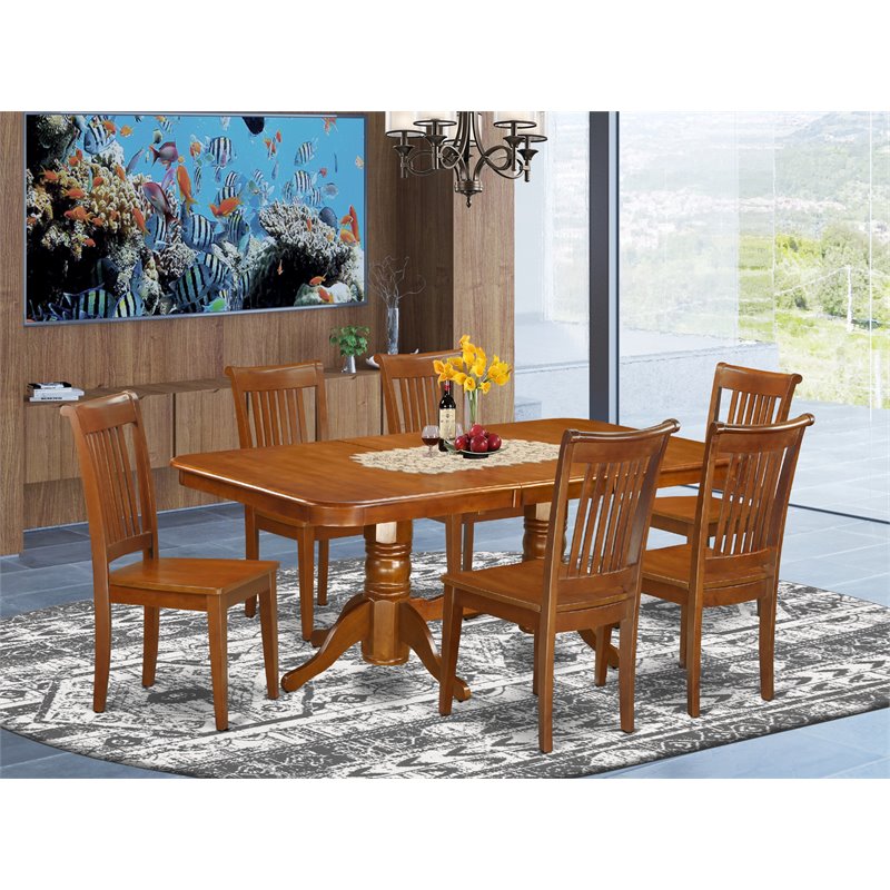 Pemberly Row 7-Piece Wood Dining Set with Extendable Leaf in Saddle Brown