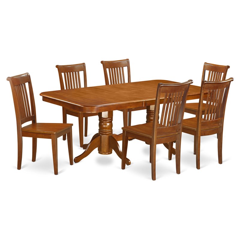 Pemberly Row 7-Piece Wood Dining Set with Extendable Leaf in Saddle Brown