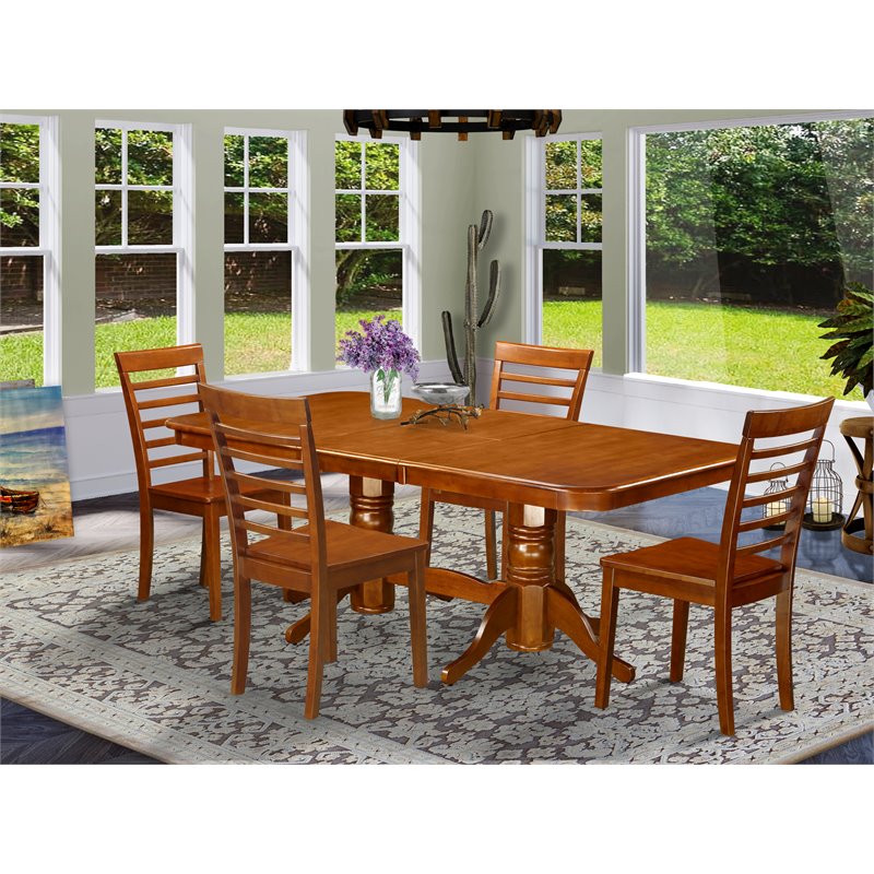 Pemberly Row 5-Piece Dining Set Wood Saddle Brown Finish Ladder Chairs
