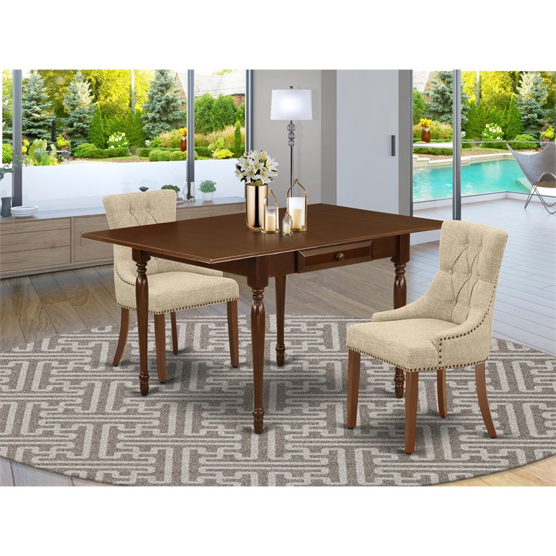 Pemberly Row 3-Piece Dining Set in Mahogany with Doeskin Upholstery