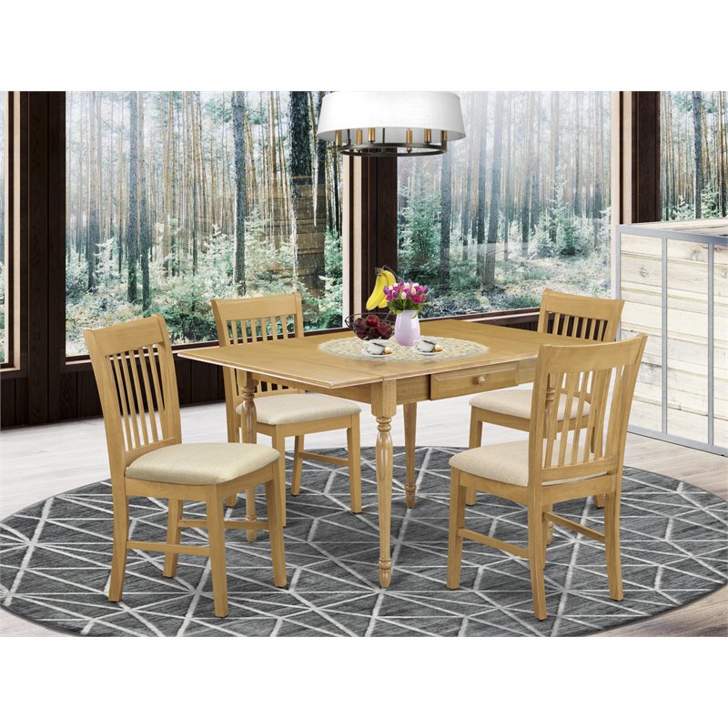 Pemberly Row 5-Piece Wood Dining Set with Slat Back Chairs in Oak