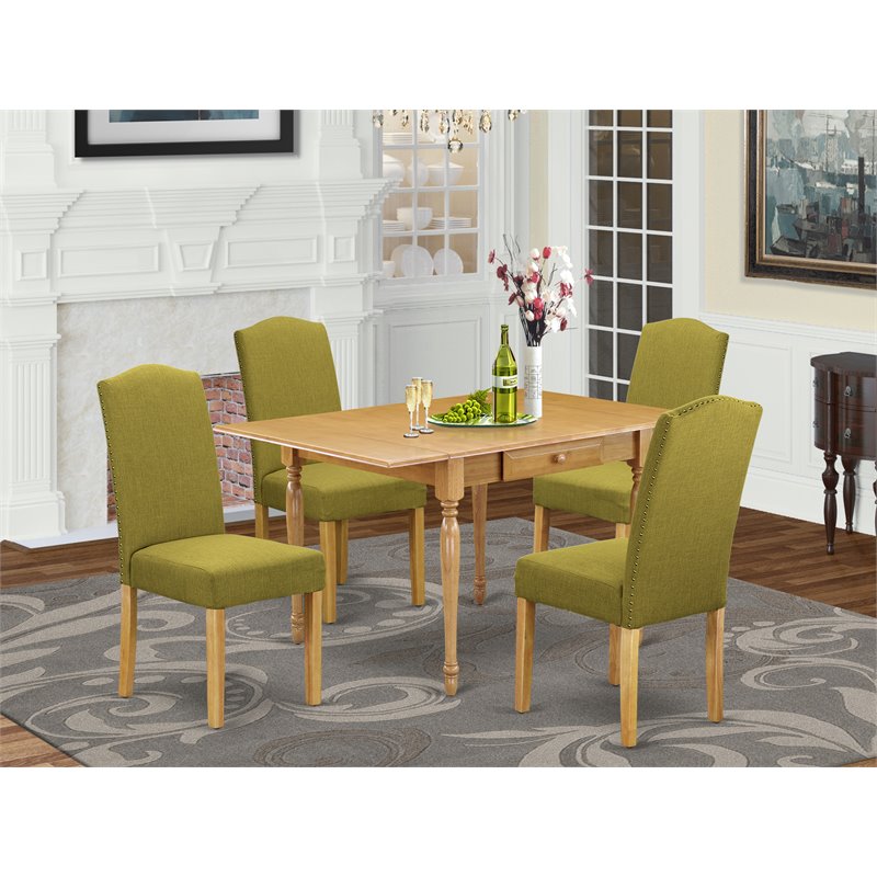 Pemberly Row 5-Piece Wood Dining Set with Light Pickle Linen Chairs in Oak