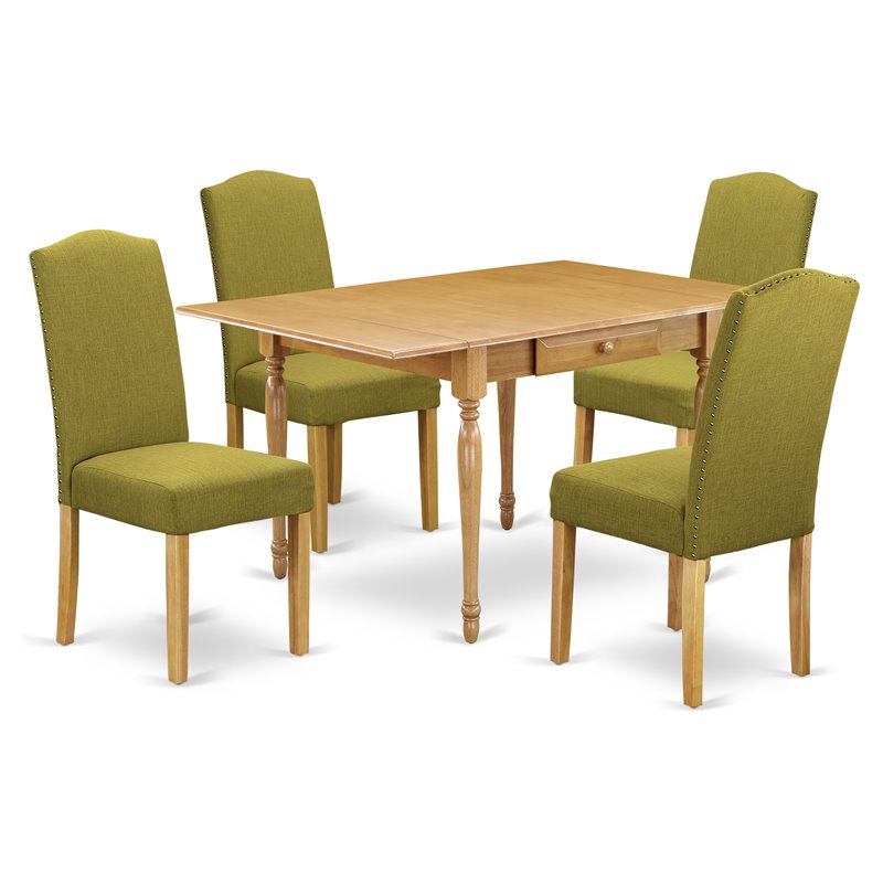 Pemberly Row 5-Piece Wood Dining Set with Light Pickle Linen Chairs in Oak