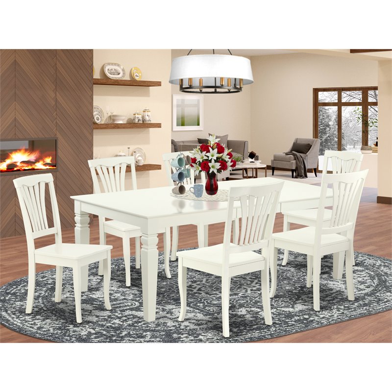 Pemberly Row 7-Piece Dining Set Slatted Wood Chairs in Linen White Finish