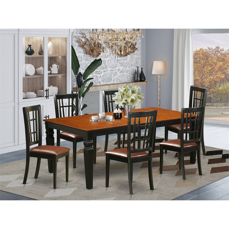 Pemberly Row 7-Piece Wood Dining Set with Leather Seats in Black/Cherry Finish