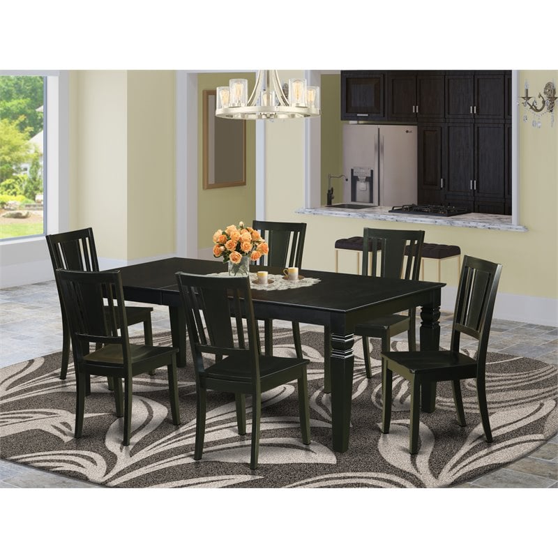 Pemberly Row 7-Piece Wood Dining Table Set in Black with Extension Leaf