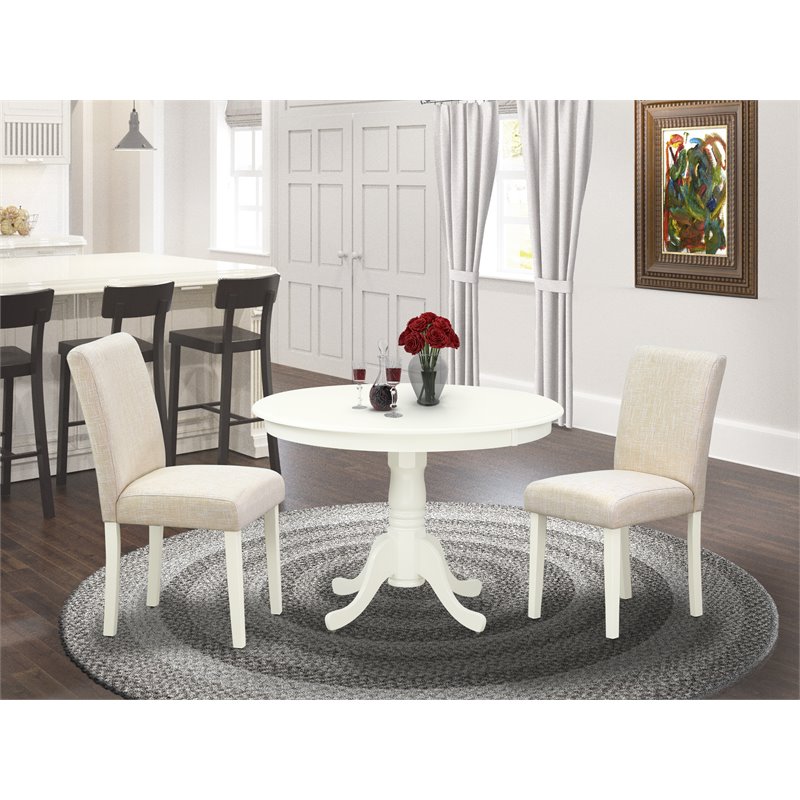 Pemberly Row 3-Piece Dining Set with Parsons Fabric Chairs in Linen White