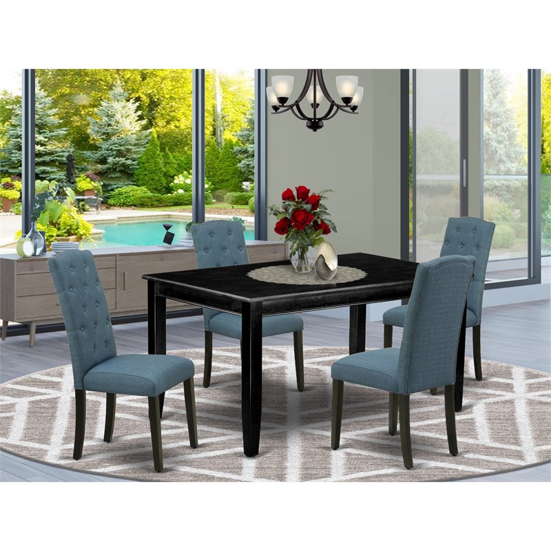 Pemberly Row 5-Piece Black Dining Set with Upholstered Blue Parson Chairs