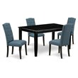 Pemberly Row 5-Piece Black Dining Set with Upholstered Blue Parson Chairs