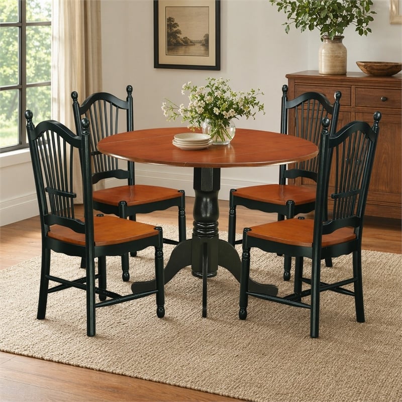 Pemberly Row 5-Piece Wood Dining Set with Round Drop-Leaf Table in Black Cherry