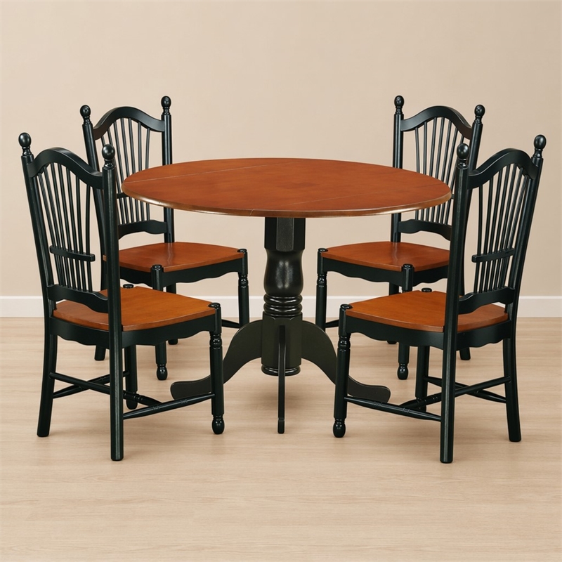 Pemberly Row 5-Piece Wood Dining Set with Round Drop-Leaf Table in Black Cherry