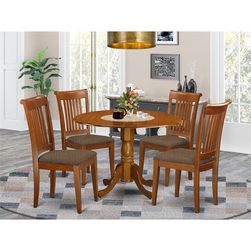 Pemberly Row 5-Pc Mid-Century Wood Dining Set in Saddle Brown