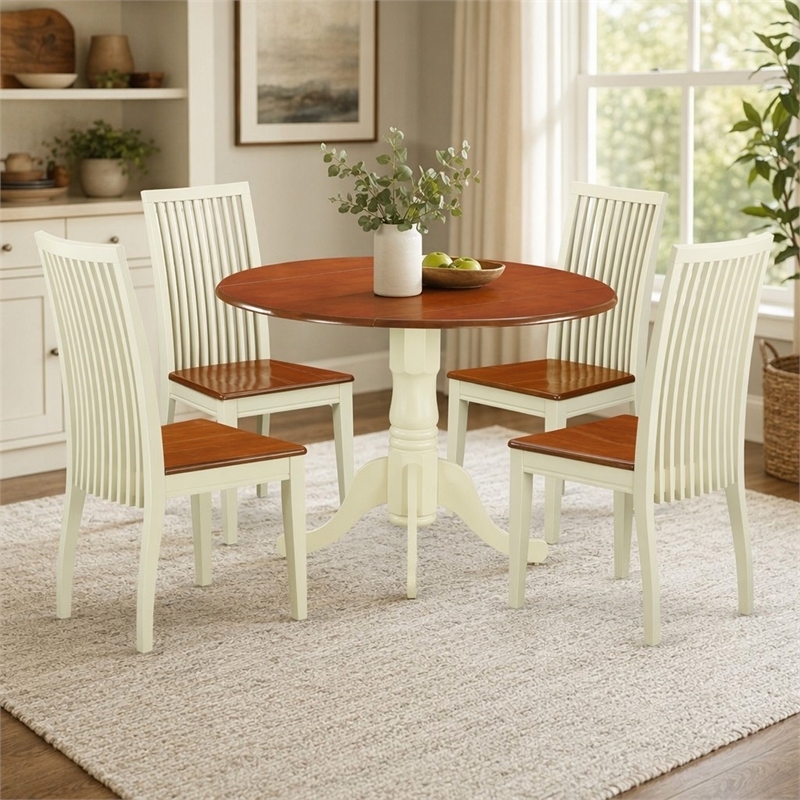 Pemberly Row 5-Piece Dining Set with Round Wood Table in Buttermilk/Cherry