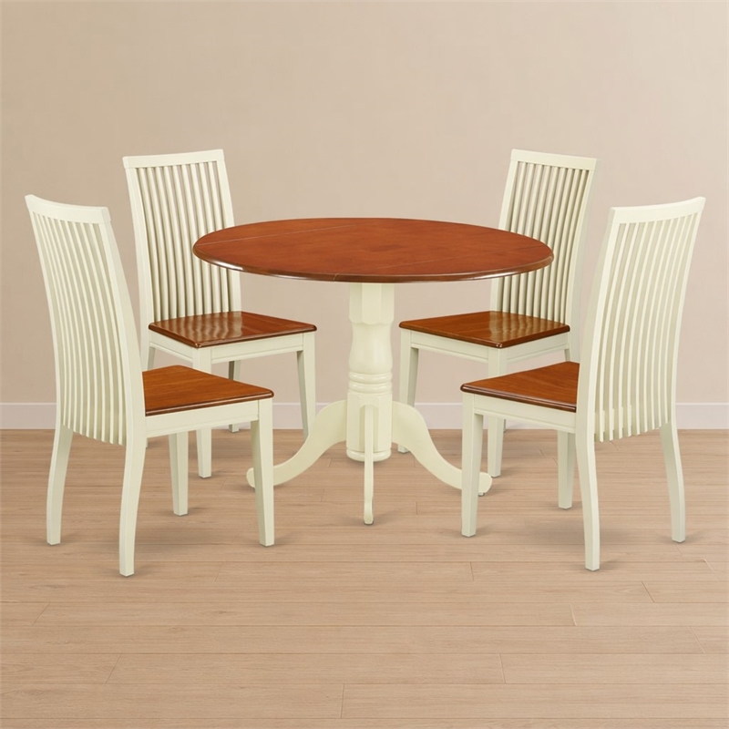 Pemberly Row 5-Piece Dining Set with Round Wood Table in Buttermilk/Cherry