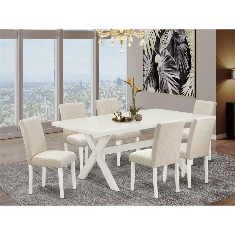 Pemberly Row X-Leg 7-Piece Wood Dining Set with Light Beige Chairs