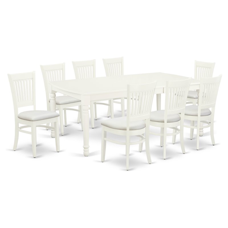 Pemberly Row 9-Piece Linen White Wood Dining Set with Slat Back Chairs