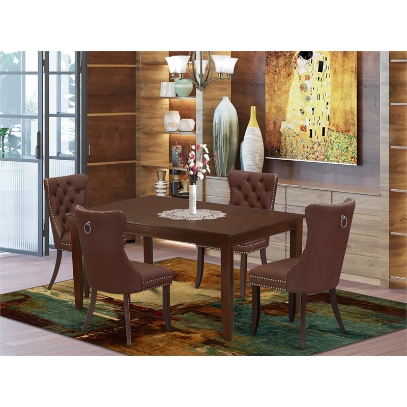 Pemberly Row 5-Piece Kitchen Table Set in Mahogany with Burgundy Chairs