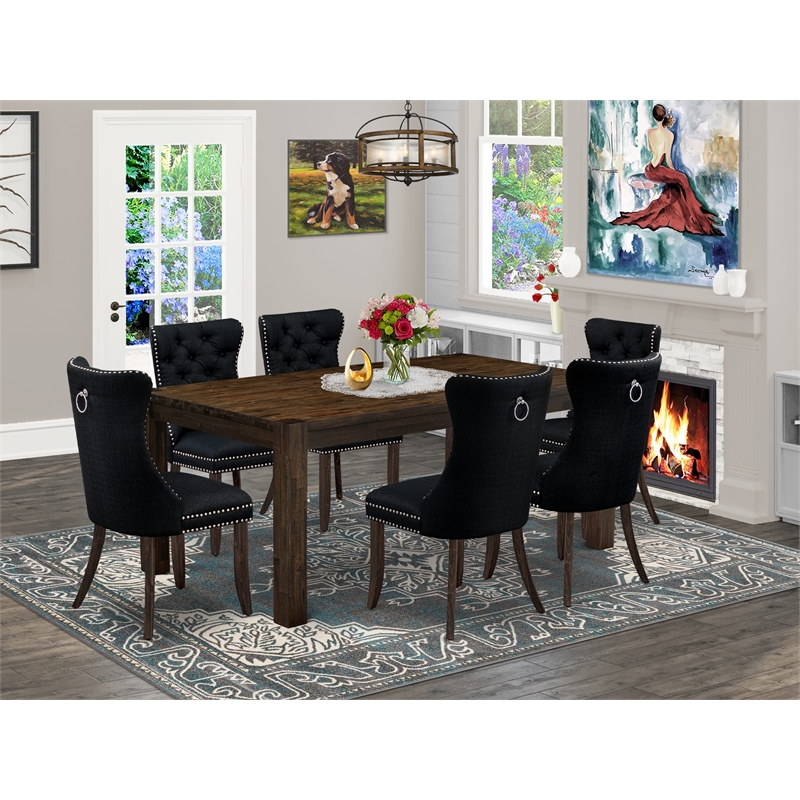 Pemberly Row 7-Piece Dining Set in Distressed Jacobean and Black Upholstery