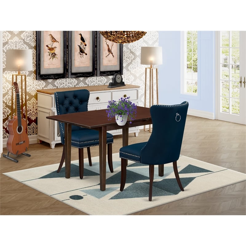 Pemberly Row 3-Piece Wood Dining Table Set with Mahogany Finish and Navy Chairs