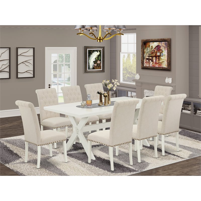 Pemberly Row X-Style 9-Piece Wood Dining Table Set in Light Beige Finish
