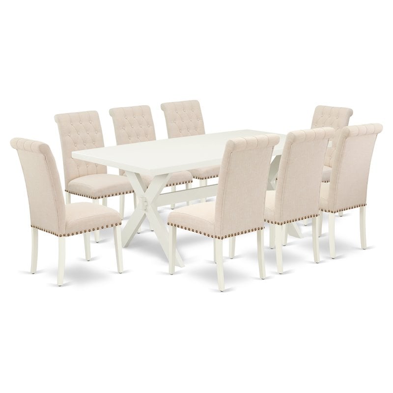Pemberly Row X-Style 9-Piece Wood Dining Table Set in Light Beige Finish