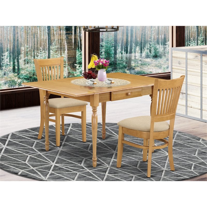 Pemberly Row 3-Piece Oak Dining Set with Slat Back Chairs and Beige Fabric Seats