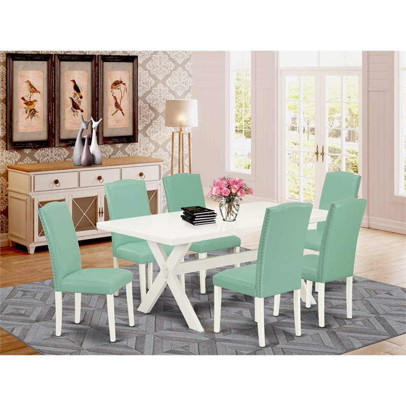 Pemberly Row 7-Piece X-Leg Dining Table Set in Pond Finish and Smoke Gray