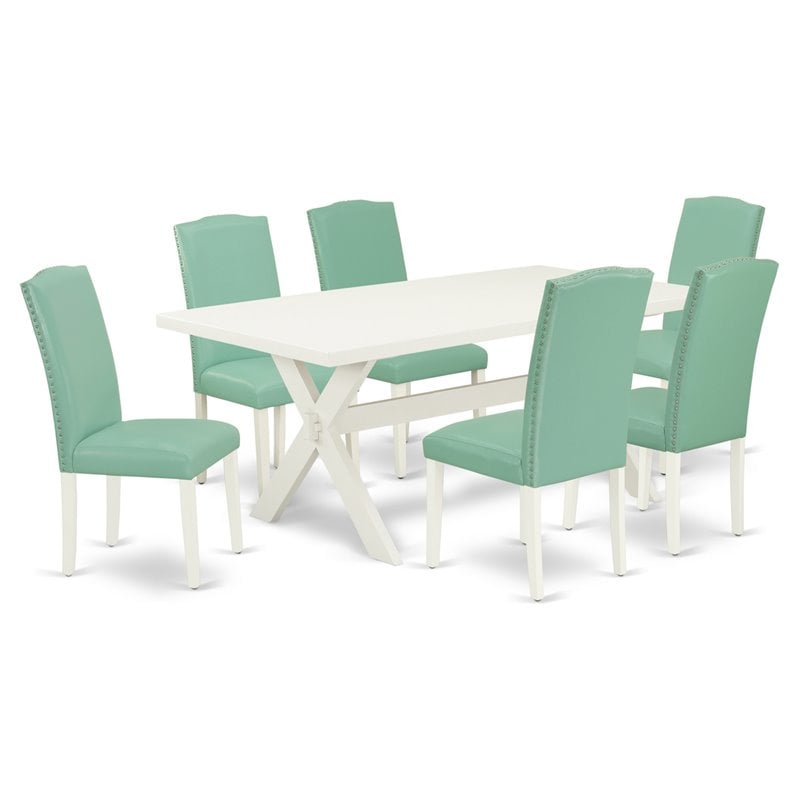 Pemberly Row 7-Piece X-Leg Dining Table Set in Pond Finish and Smoke Gray