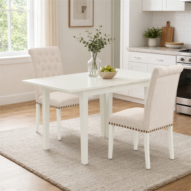 Pemberly Row 3-Piece White Wood Dining Set with Button Tufted Chairs