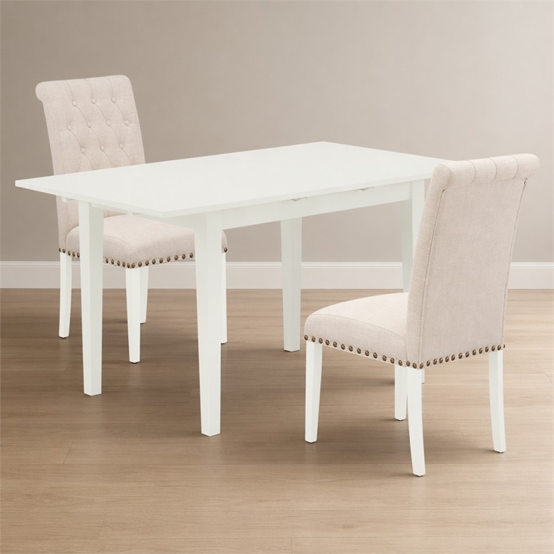 Pemberly Row 3-Piece White Wood Dining Set with Button Tufted Chairs